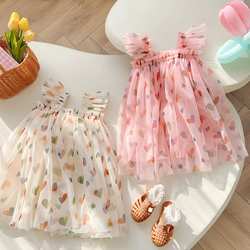 Summer cute heart printing mesh girl dress with cotton lining, apricot love colour, front view on child