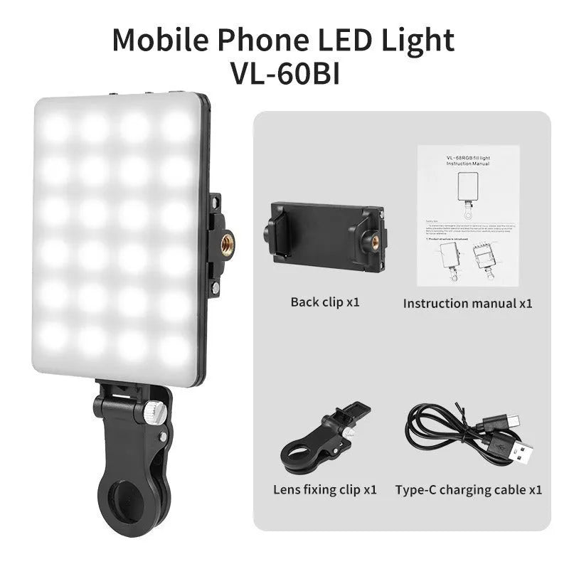 VL-60BI VL-68BI pocket LED fill light with clip attachment for mobile phone photography