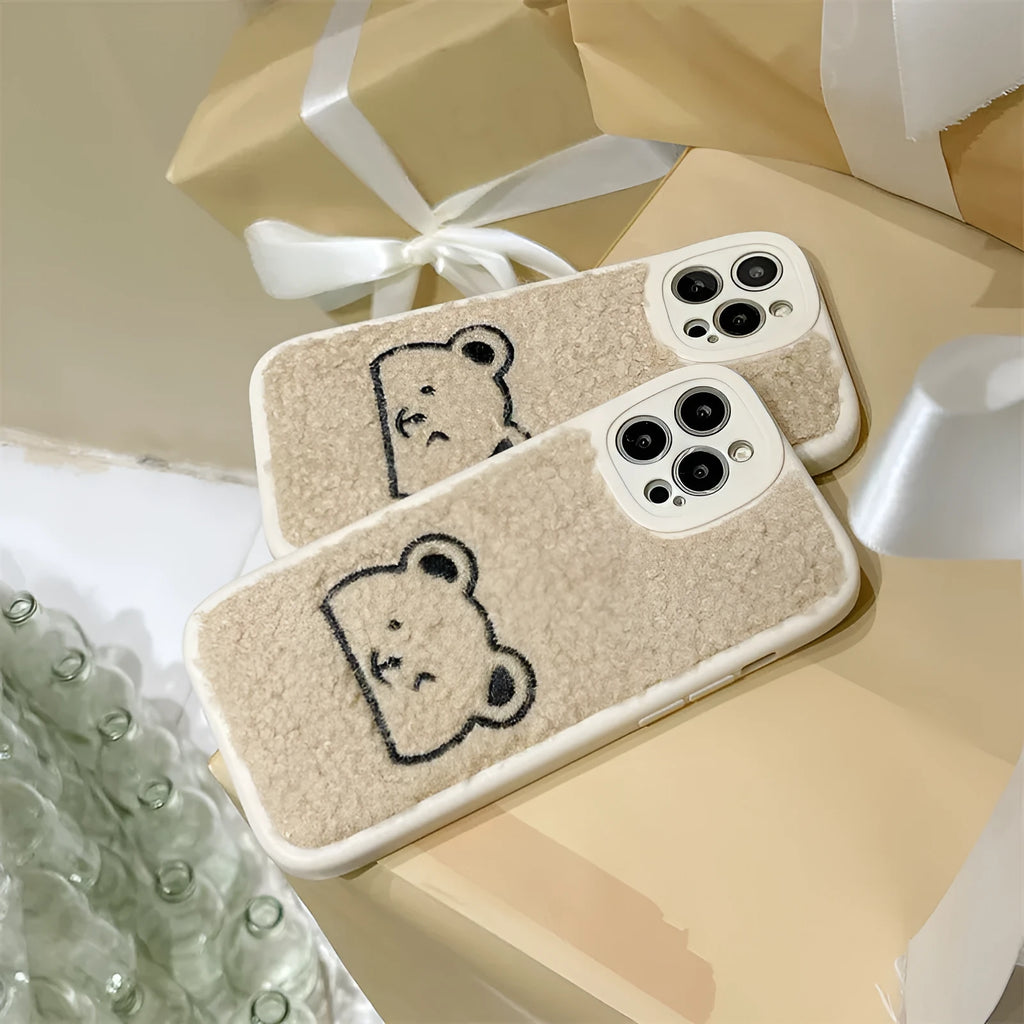 Plush embroidered bear shockproof phone case in light khaki for iPhone