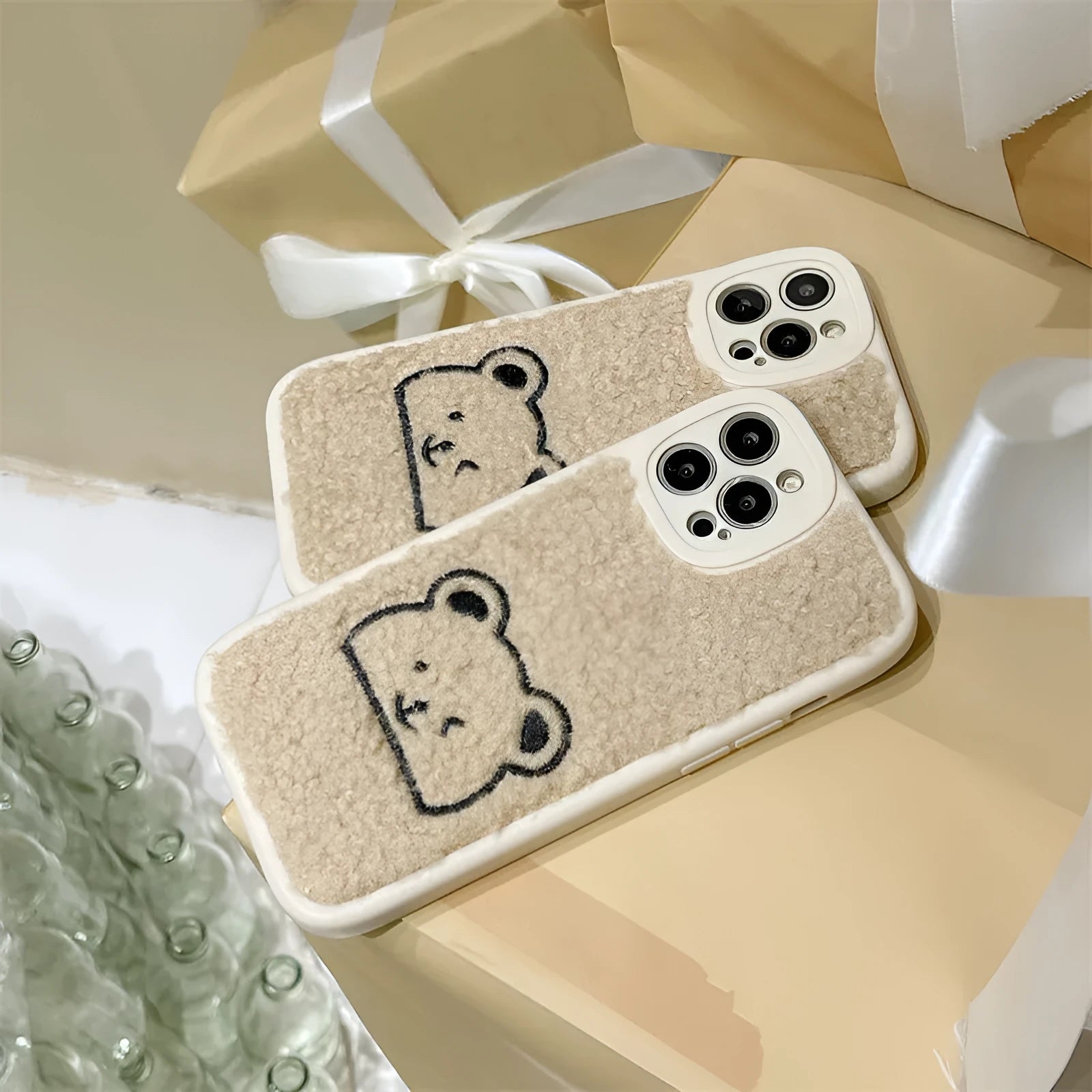Plush embroidered bear shockproof phone case in light khaki for iPhone