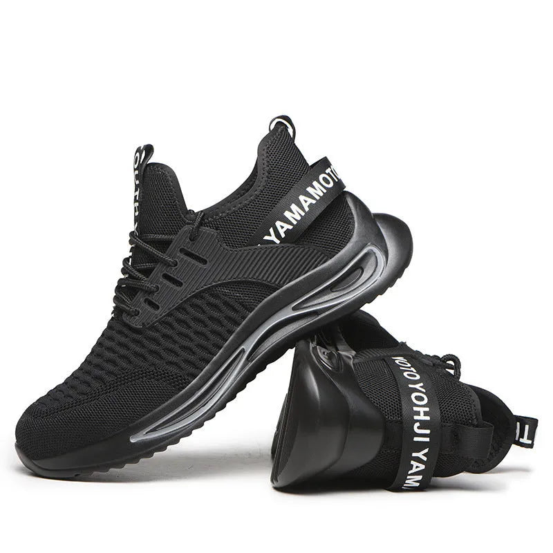 Black ultra-light steel toe anti-piercing work shoes with fly woven upper and low style, sizes 36-46