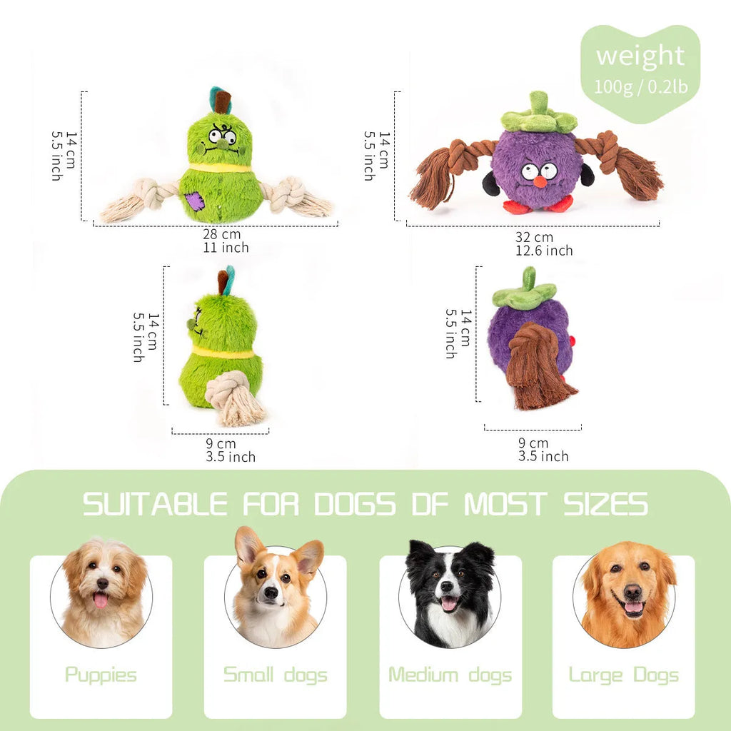 Green and purple interactive dog plush rope knot tug of war toy with bite-resistant design.