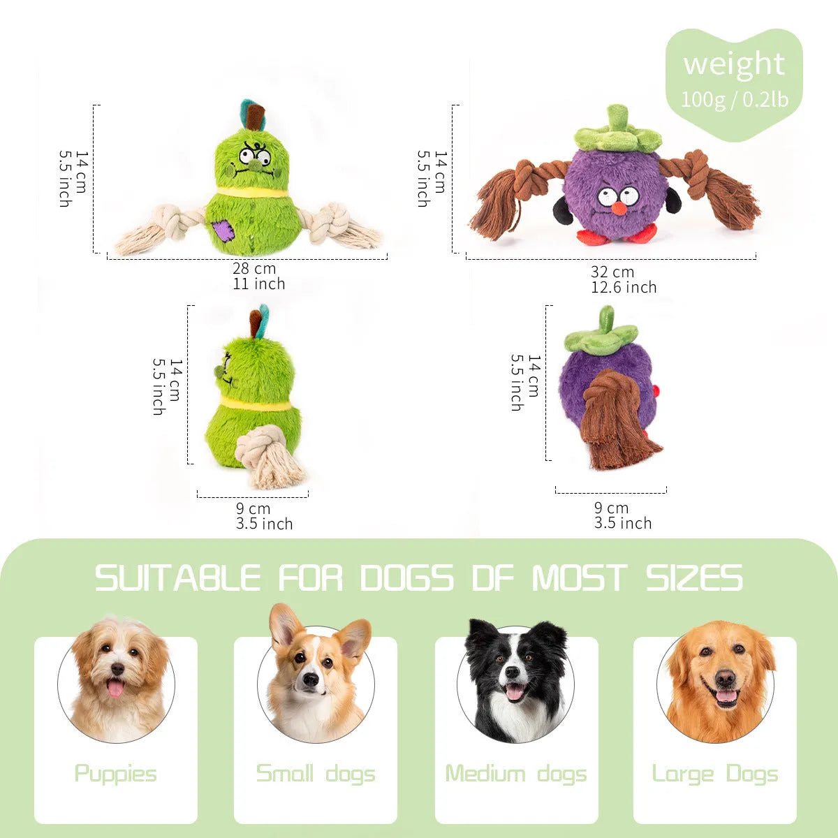 Green and purple interactive dog plush rope knot tug of war toy with bite-resistant design.
