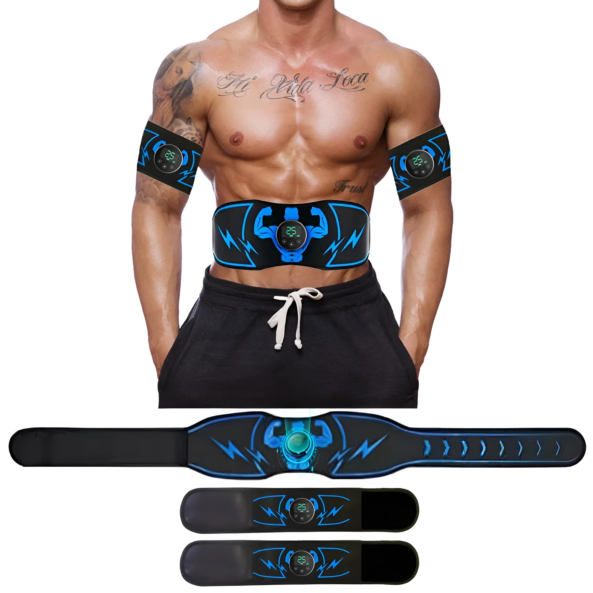 Blue EMS abdominal stimulation belt with wireless remote control and multiple stimulation units for fitness muscle activation