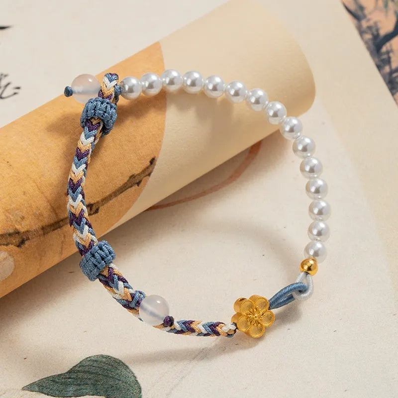 Sterling silver chalcedony Chinese flower weaving bracelet with peach colour cord and pearl floral elements