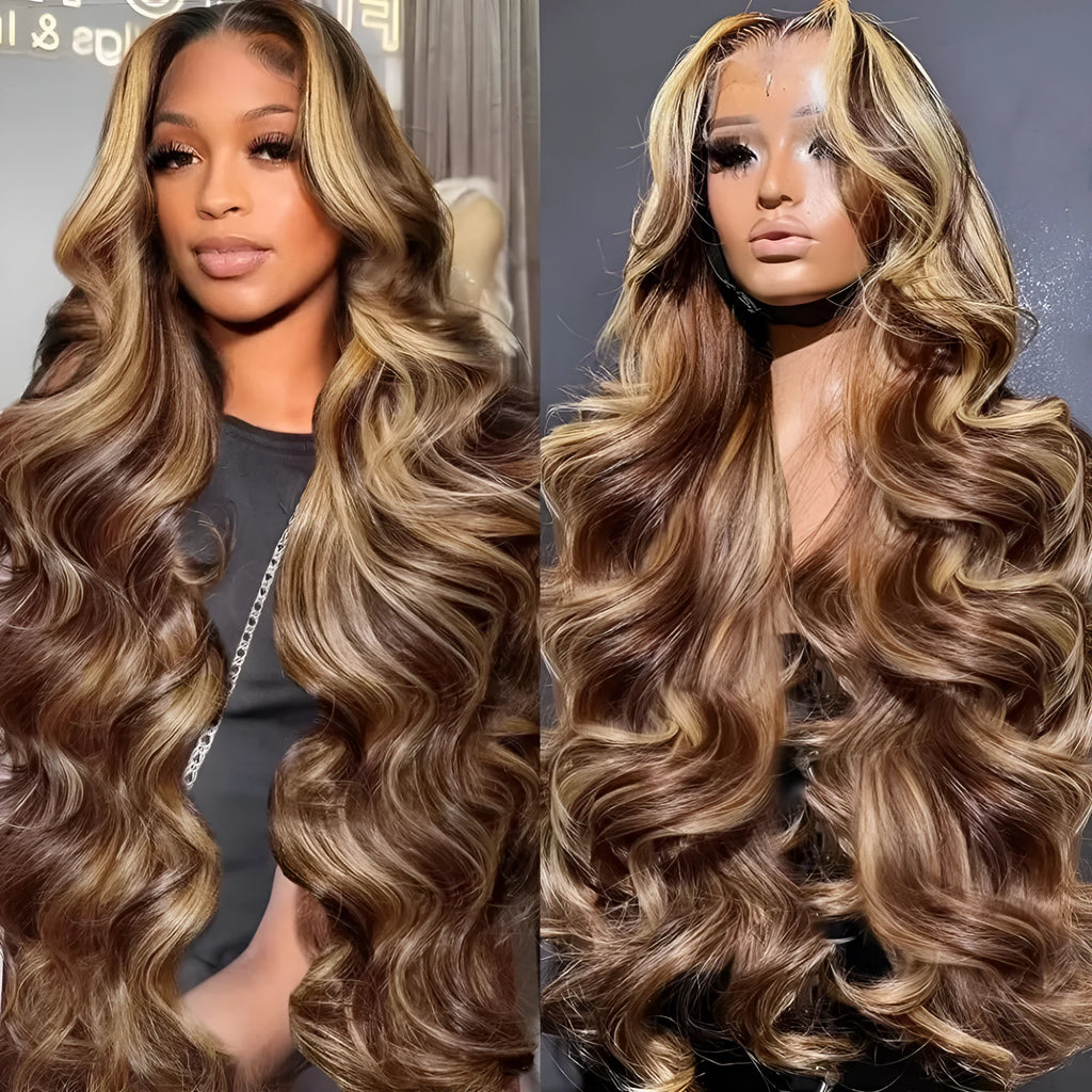 Women's piano colour highlight big wave lace wig long curly hair brown high temperature fibre