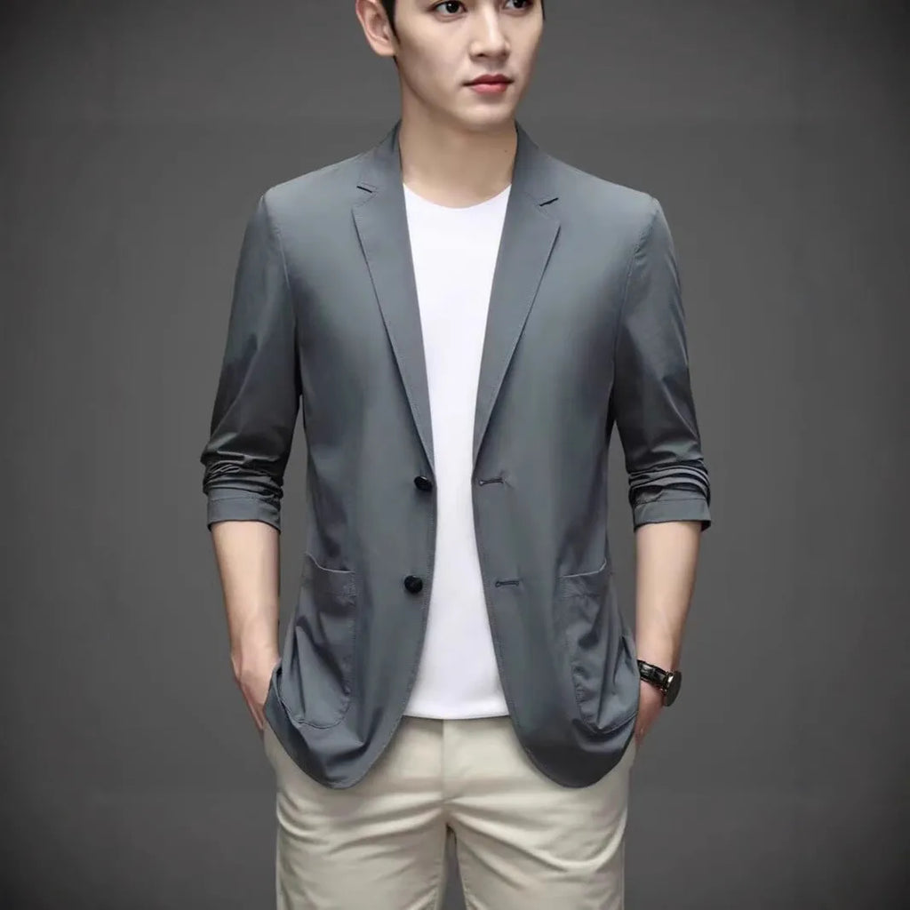 Ice silk men's lightweight casual stretch suit jacket in black with non-iron polyester fabric