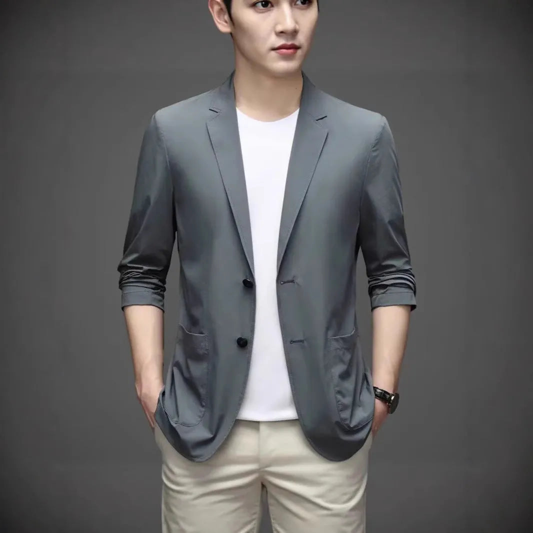Ice silk men's lightweight casual stretch suit jacket in black with non-iron polyester fabric