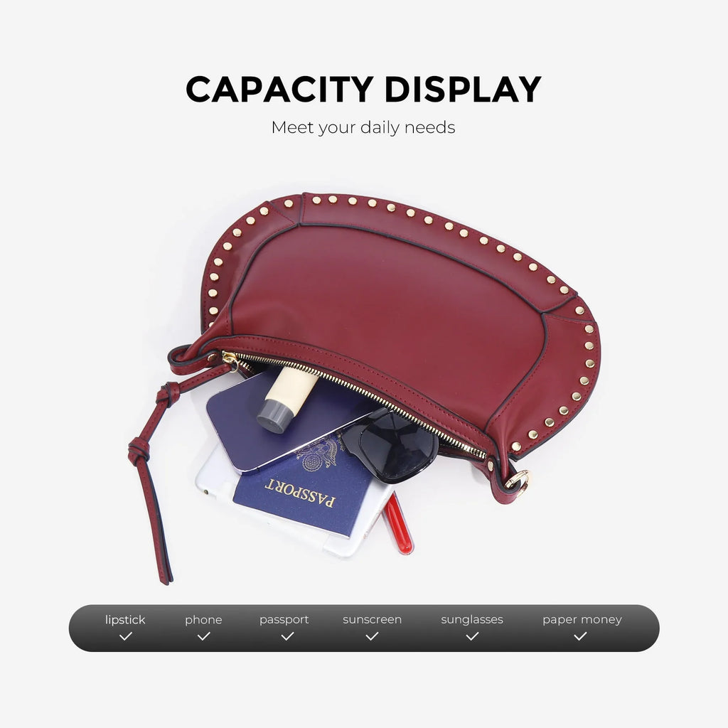 Crescent retro women's shoulder bag in soft PU solid colour with inner pocket, available in wine red black light brown
