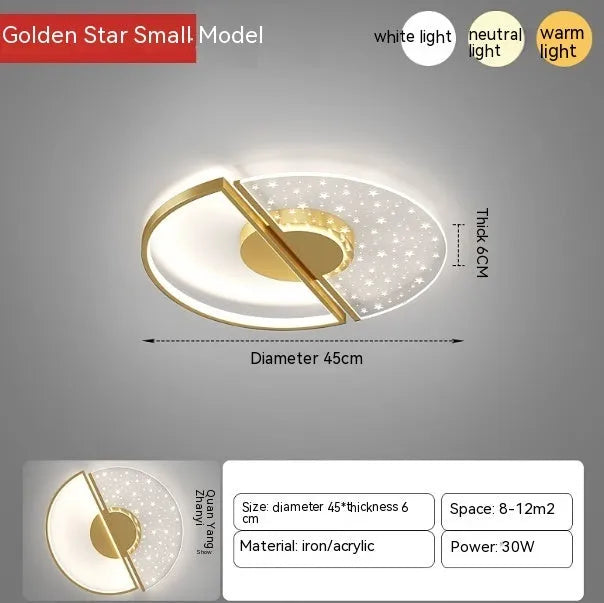Modern LED ceiling light with monochrome white light, available in 45cm golden feather or 55cm black finish for bathroom