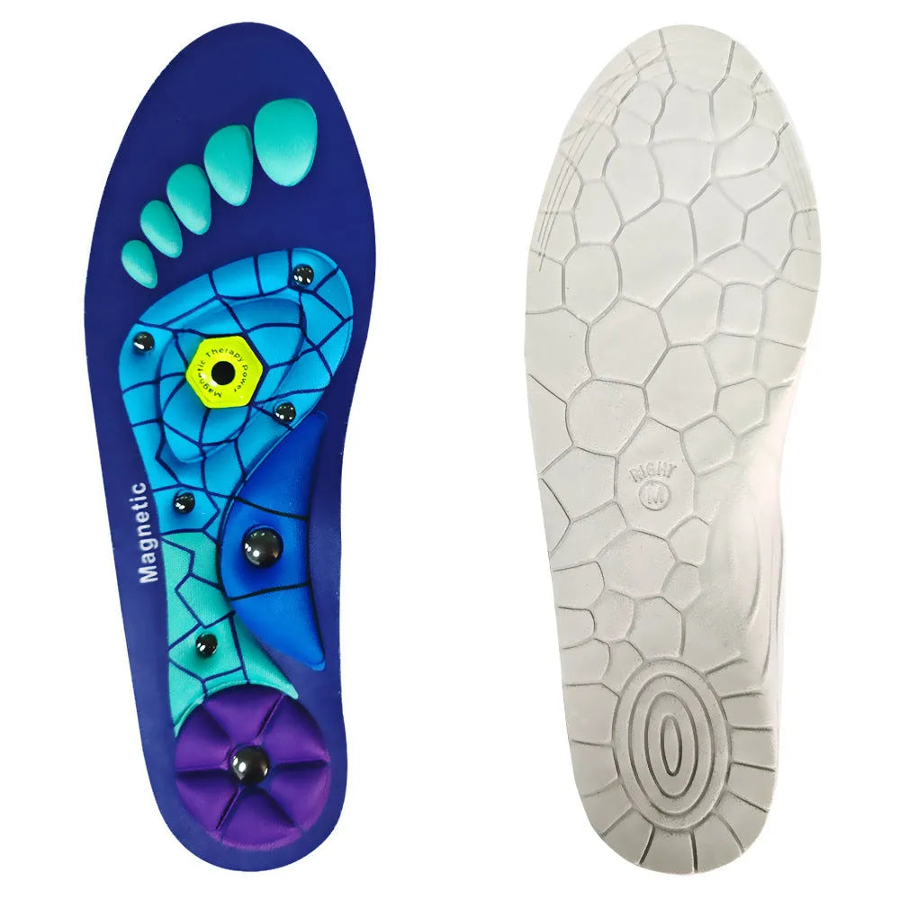 Pair of breathable EVA health care insoles in black, blue and red colours for casual shoes
