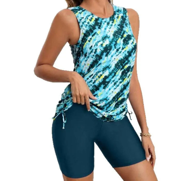 Sexy print high waist boxer vest tankini swimsuit for women in blue green pink blue black trousers