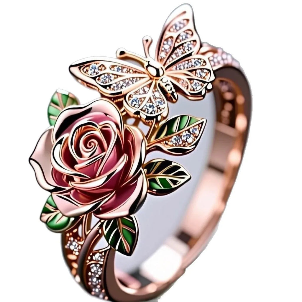 Adjustable colourful alloy ring with drip oil finish, featuring flower, insect, and leaf designs in a fairy style.