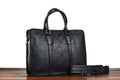 Men's brown leather horizontal business handbag with zipper closure showing retro design