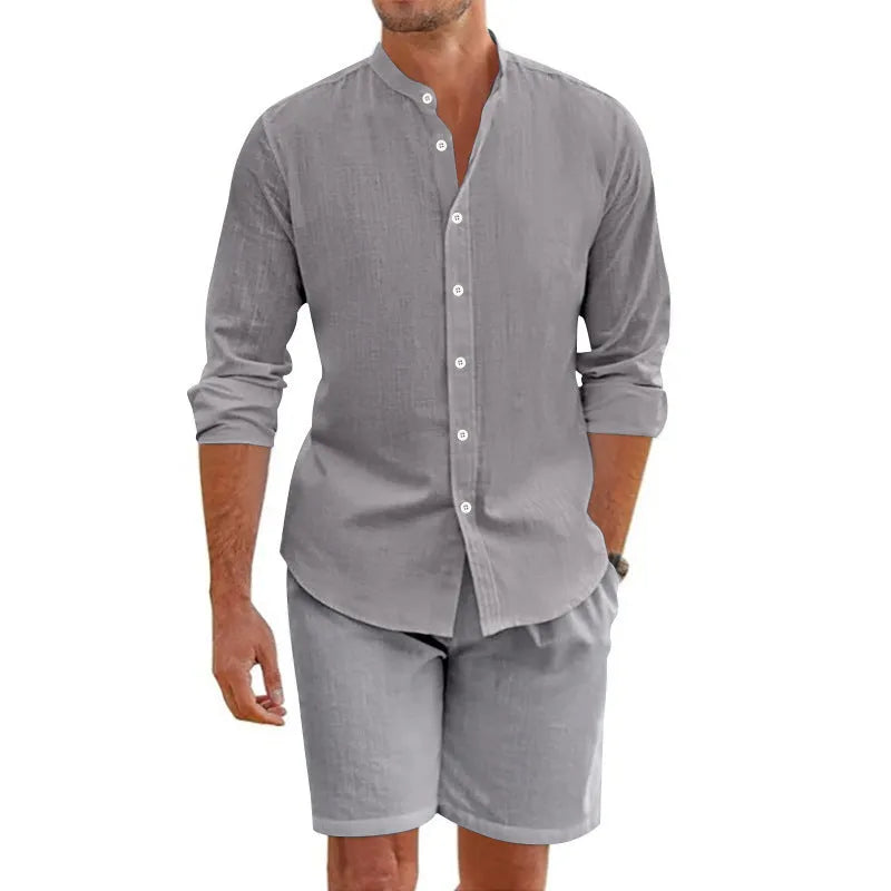 Men's hemp blend summer shirt suit two-piece set with lapel top and drawstring shorts