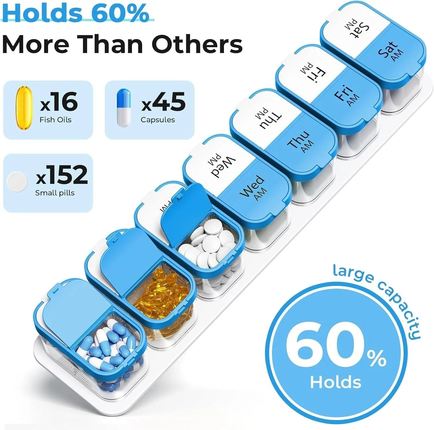 White and rainbow coloured portable pill box with 14 detachable compartments for medicine storage.