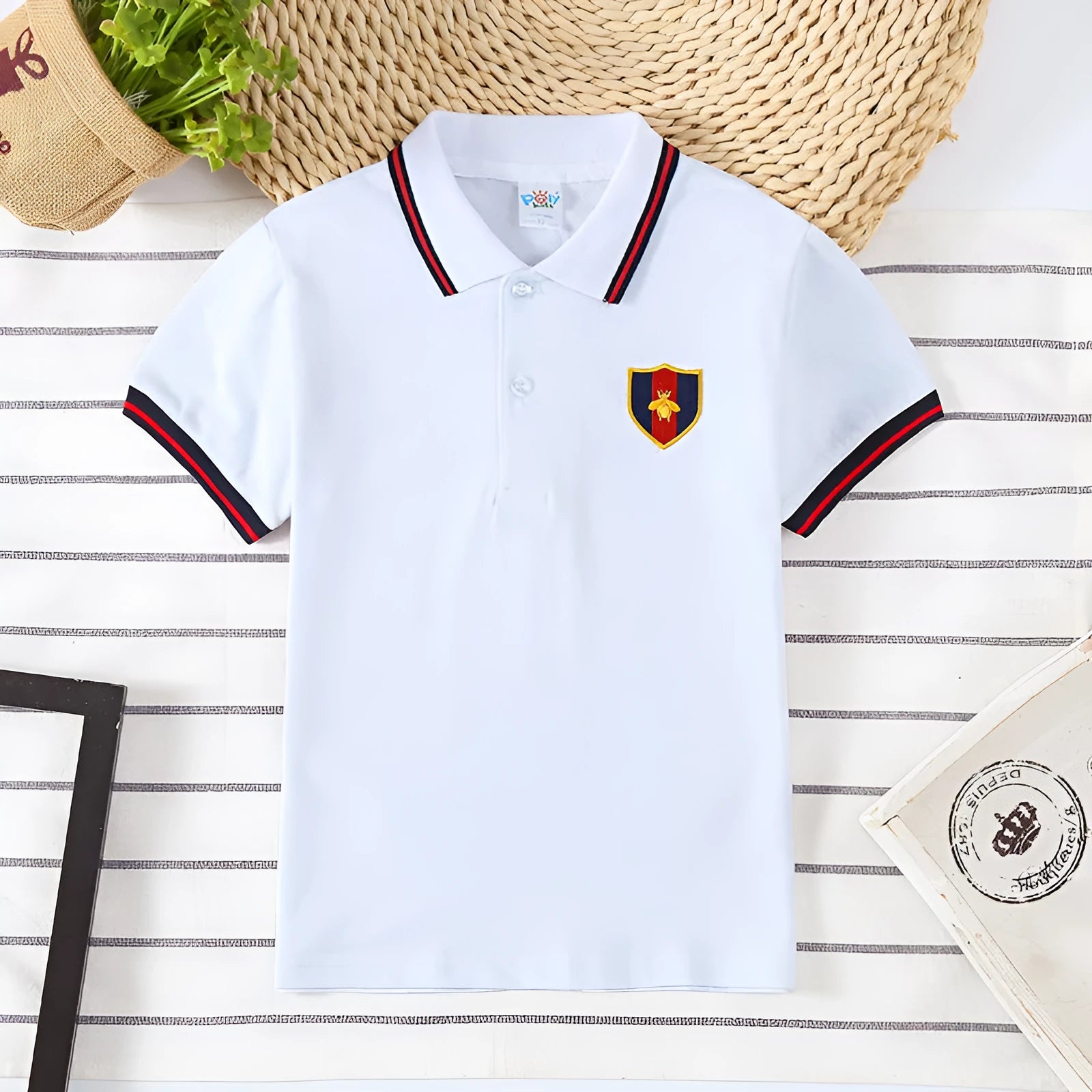 Boys' short sleeve cotton t-shirt in red, navy, yellow or off-white colours