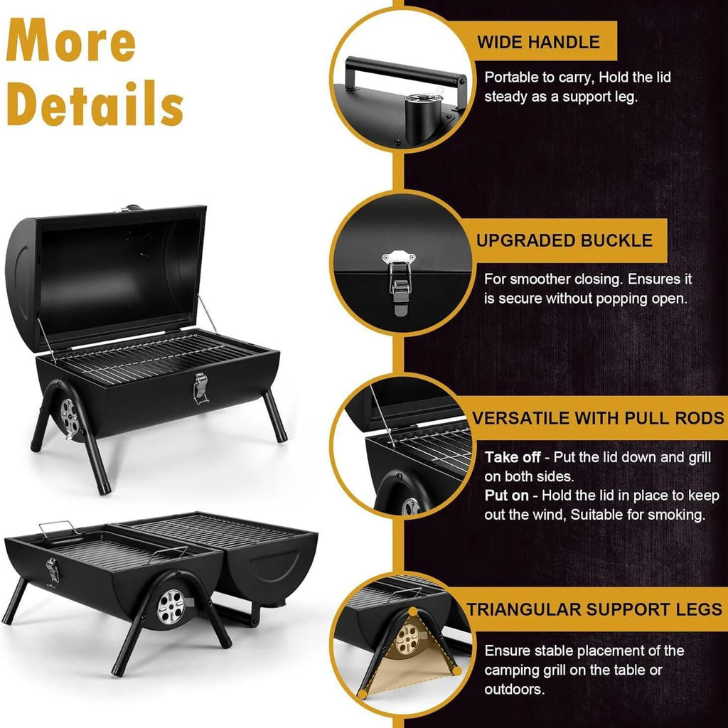 Small folding desktop charcoal barbecue grill with a single cooking grill, shown in a folded position.
