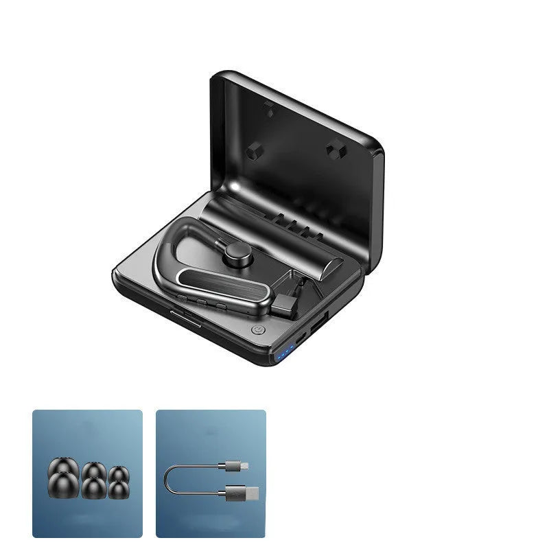 Black Bluetooth earphones with hanging ear design and a selection of silicone ear tips.