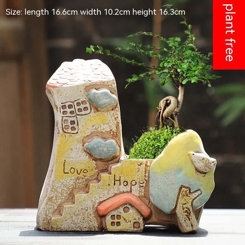 Hand-painted ceramic combination pot with cute pastoral decoration for succulent and flower displays