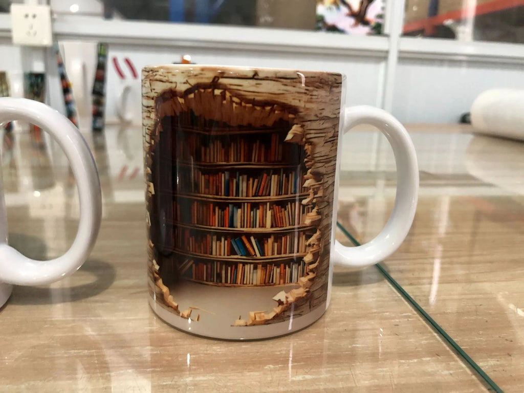 3D bookshelf ceramic mug with handle, library print, 350ml capacity, 9.8x8cm