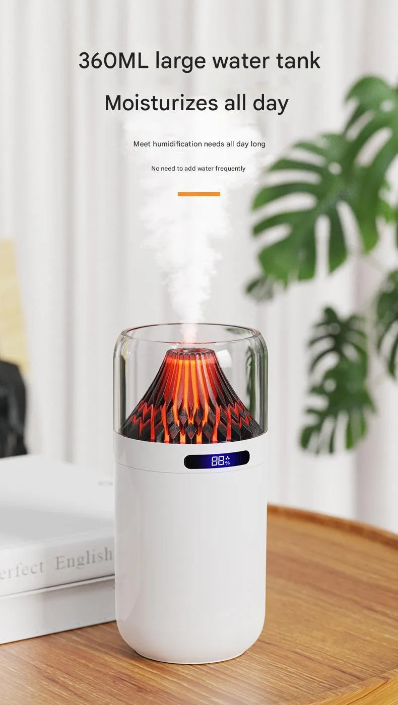 Volcano USB humidifier in black with digital display, compact battery-powered design for car and desk use.
