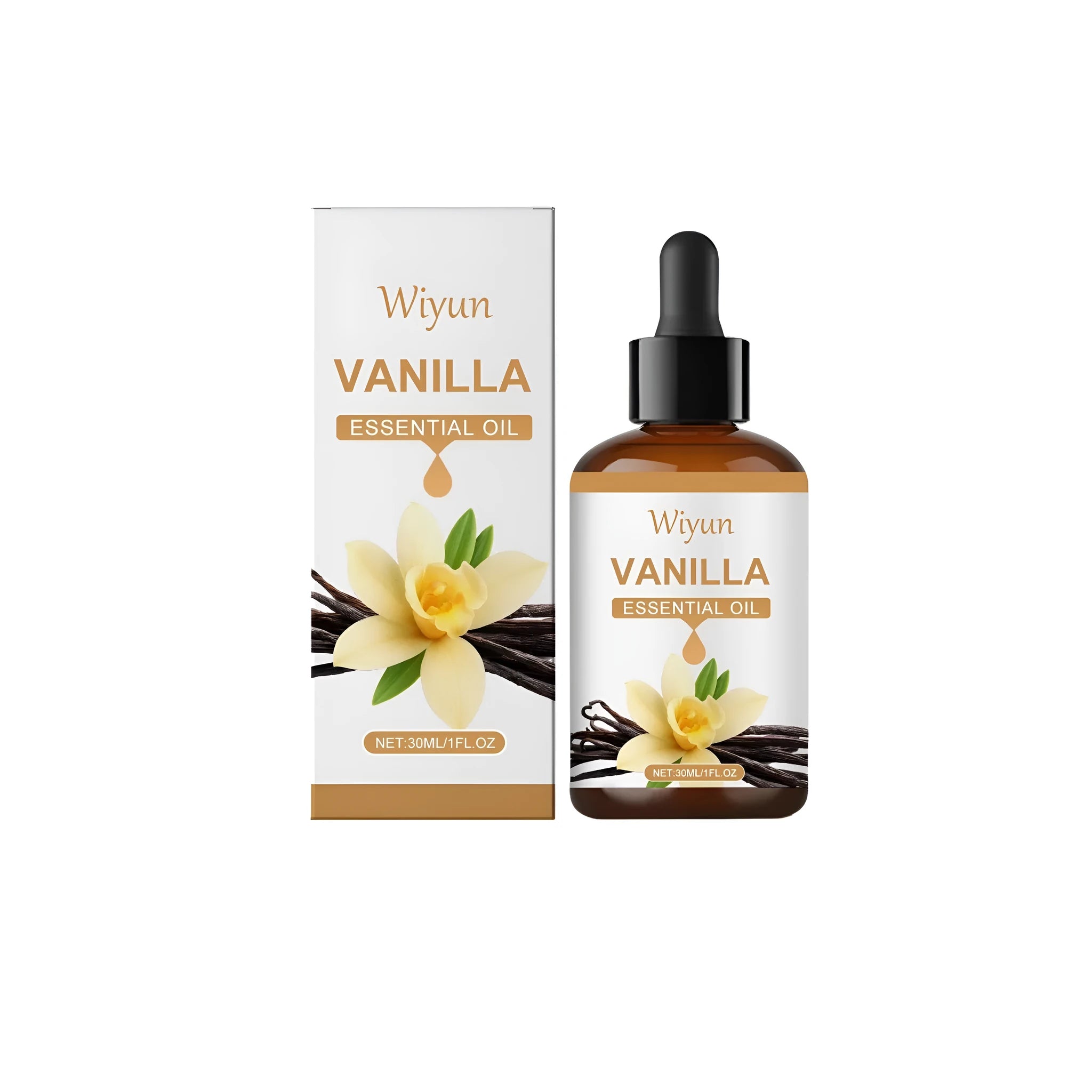 30ml glass bottle of vanilla flavoured oil with a dropper.