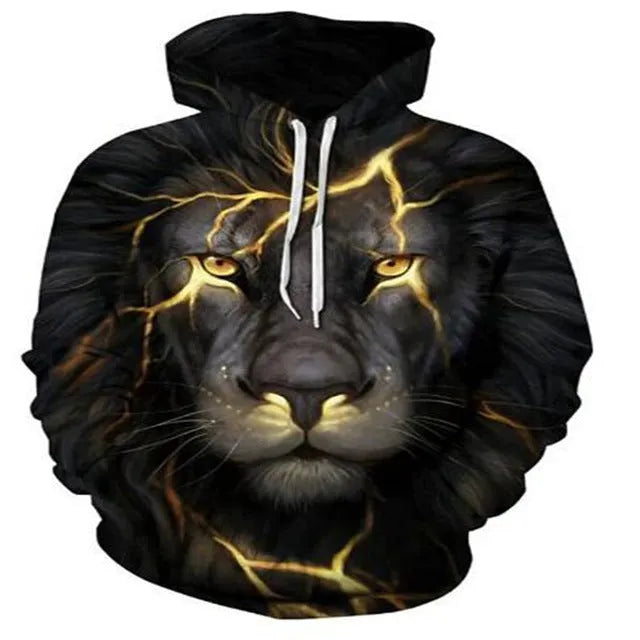 Men's animal print long sleeve pullover hoodie in polyester, round neck, street style, size S-4XL