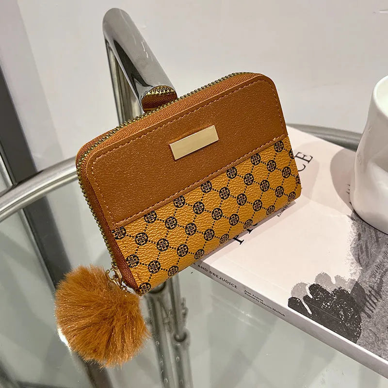 Women's short printing colour contrast Korean style PU leather wallet with coin pocket in black