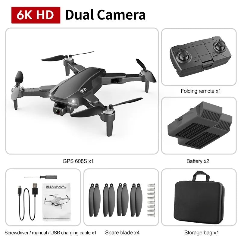S608 PRO GPS dual camera quadcopter drone with brushless motor, 6K camera, and foldable orange body
