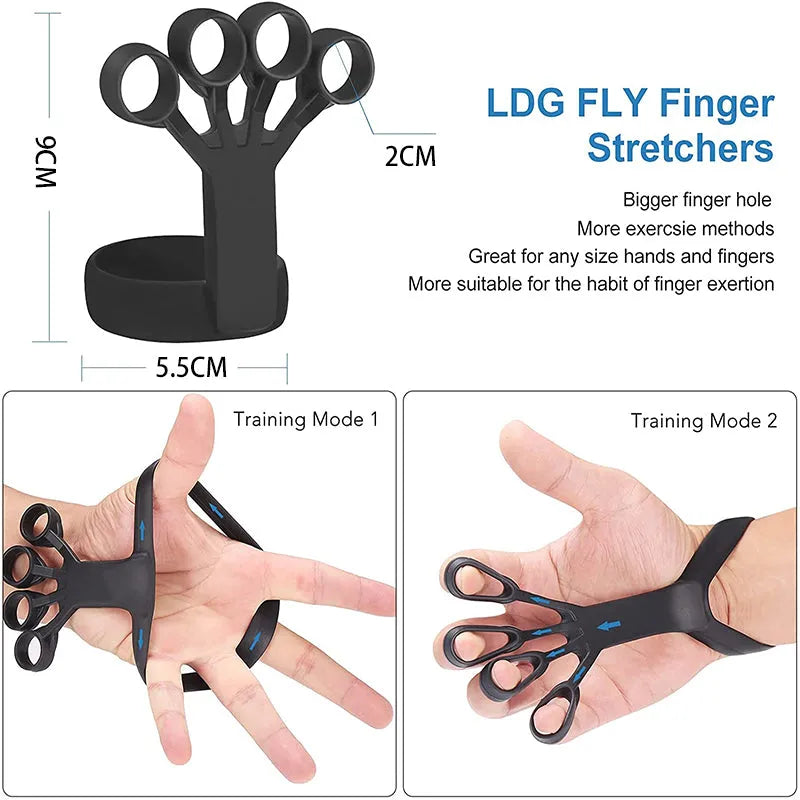 Three silicone finger pullers in grey, blue, and black on a white surface
