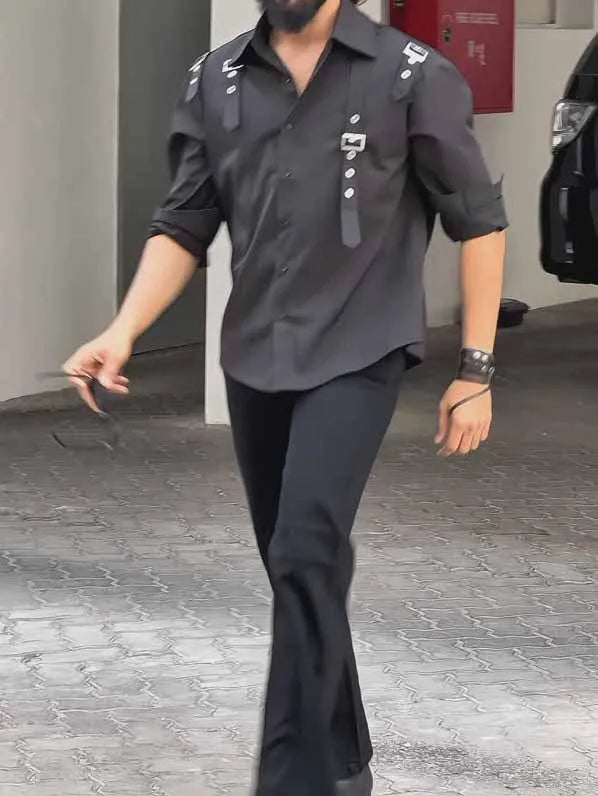 Men's black polyester button-up utility shirt laid flat, showing button front and regular-length cut.