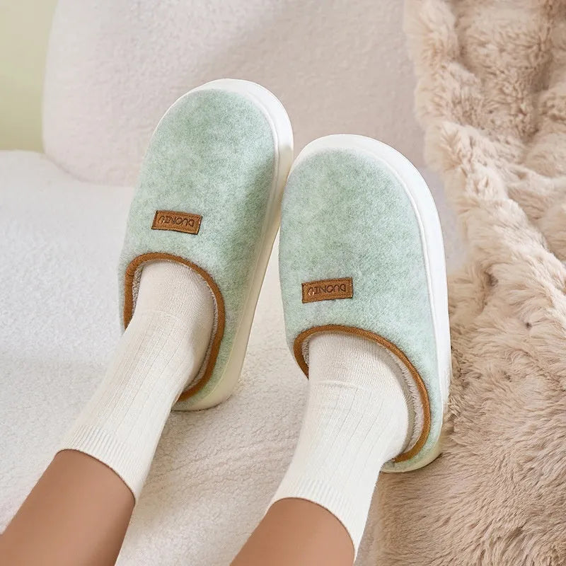 Women's winter slippers in solid colours with woolen fabric upper and EVA sole, flat heel, low top, sizes 36-45