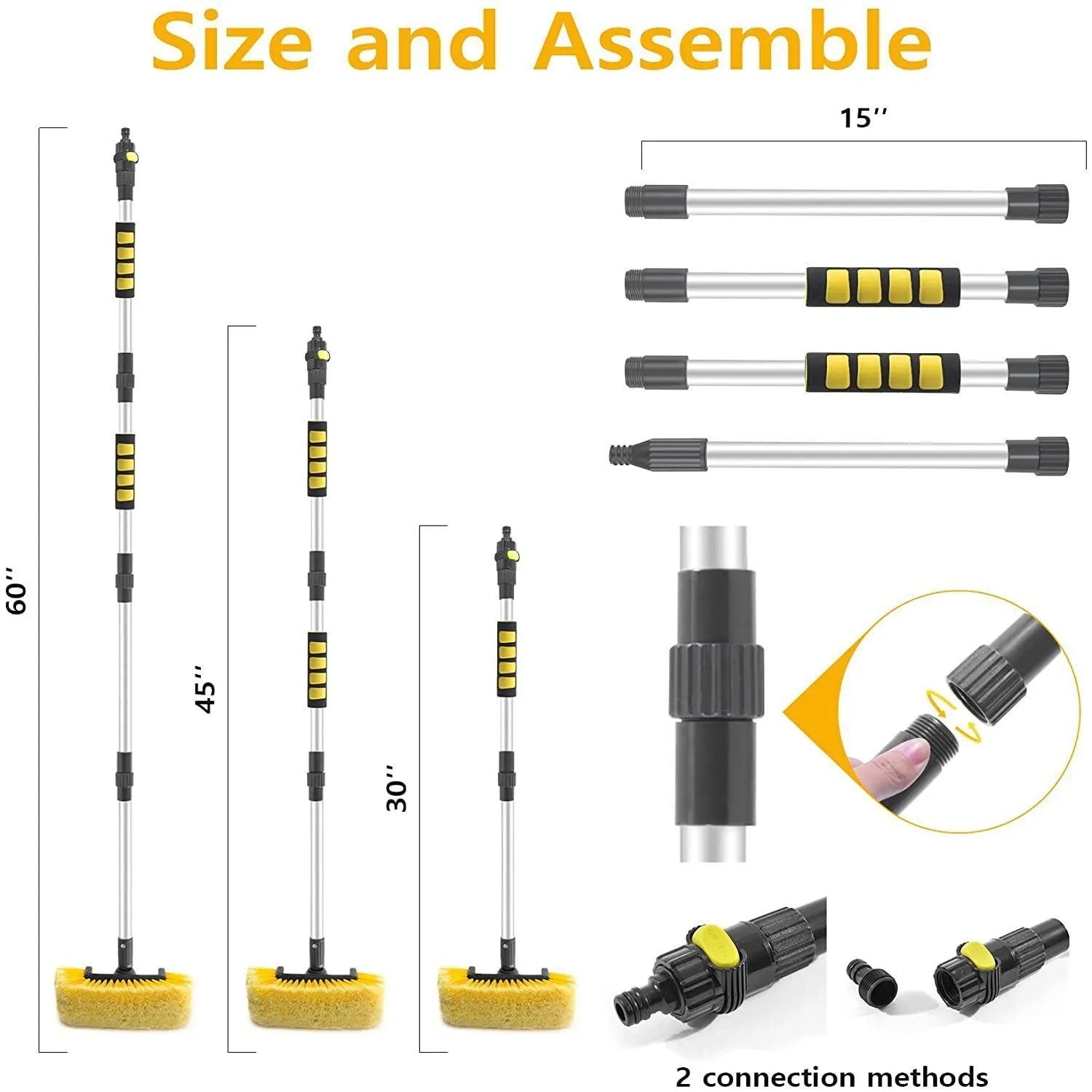 Yellow portable car wash brush with four-section extendable rod and removable flow-through cleaning head