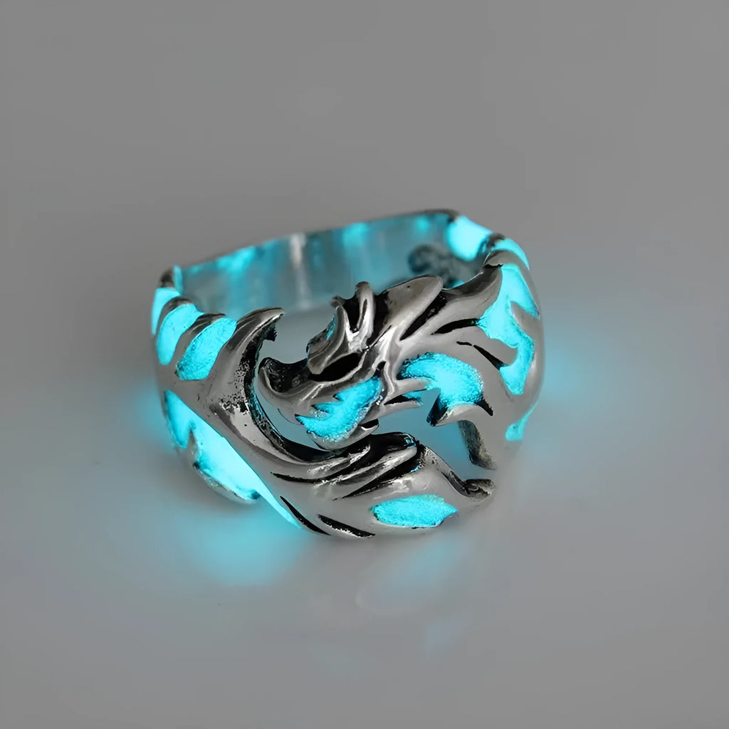 Adjustable opening Chinese style ring with luminous dragon pattern in antique silver blue and green.
