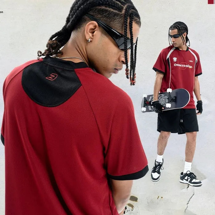 Patchwork quick-drying cotton T-shirt with letter print and stitching, dark red or dark grey, S to XXL