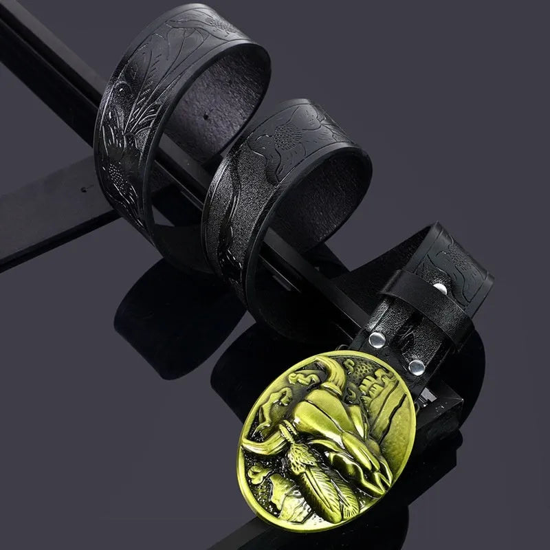 Men's black imitation leather belt with detailed alloy cow head buckle and pin fastening