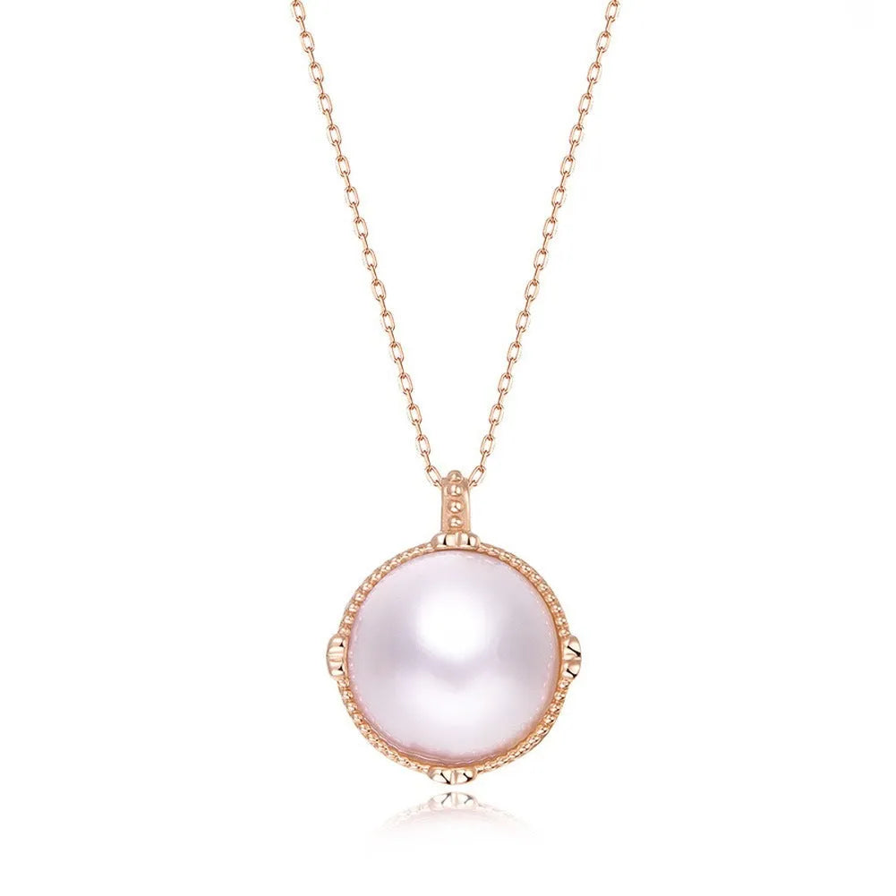 Fashion double-sided pearl necklace for women, white pearl mother shellfish pendant on copper base, floral geometric round shape