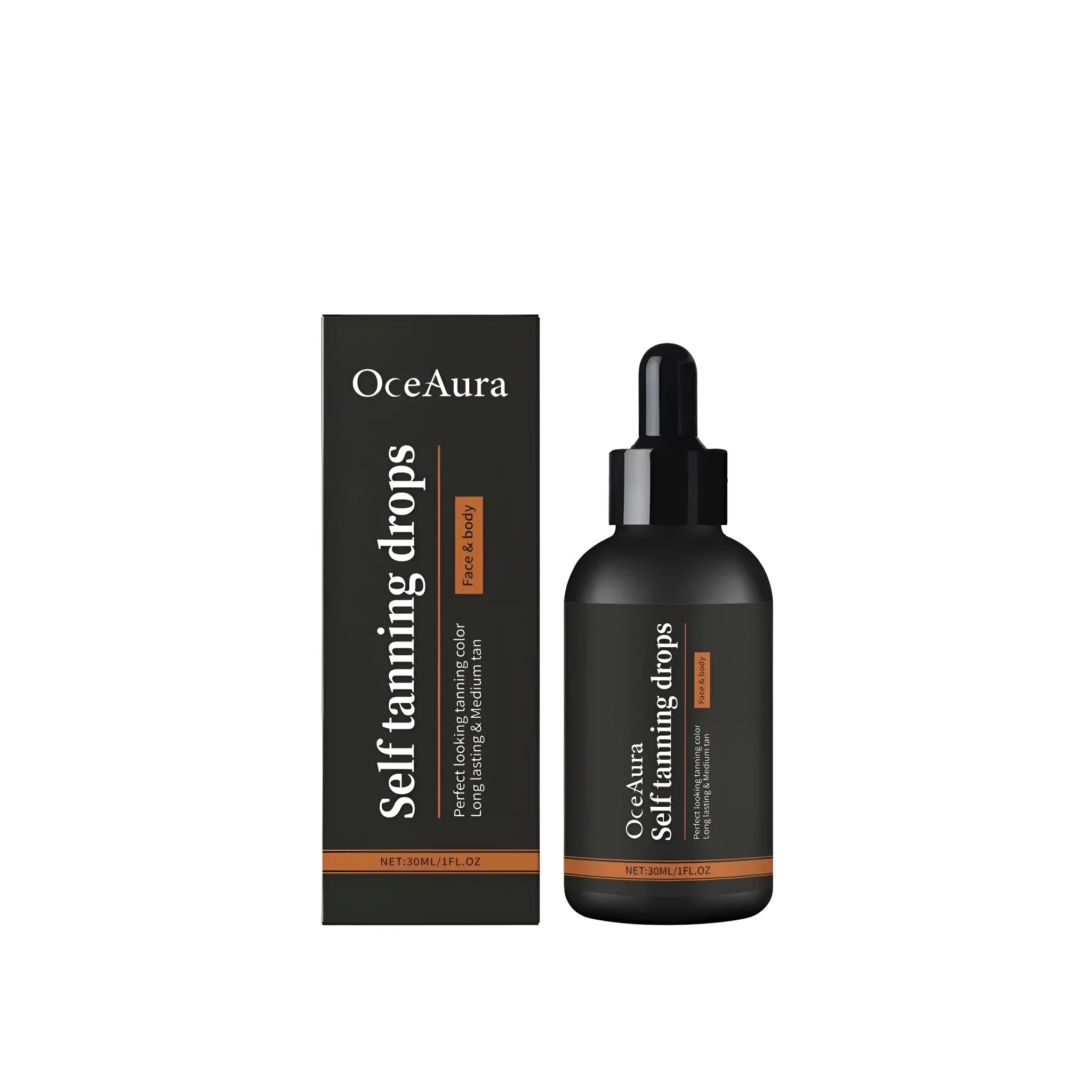 30ml bottle of vegan self-tanning drops with a dropper for face and body application.