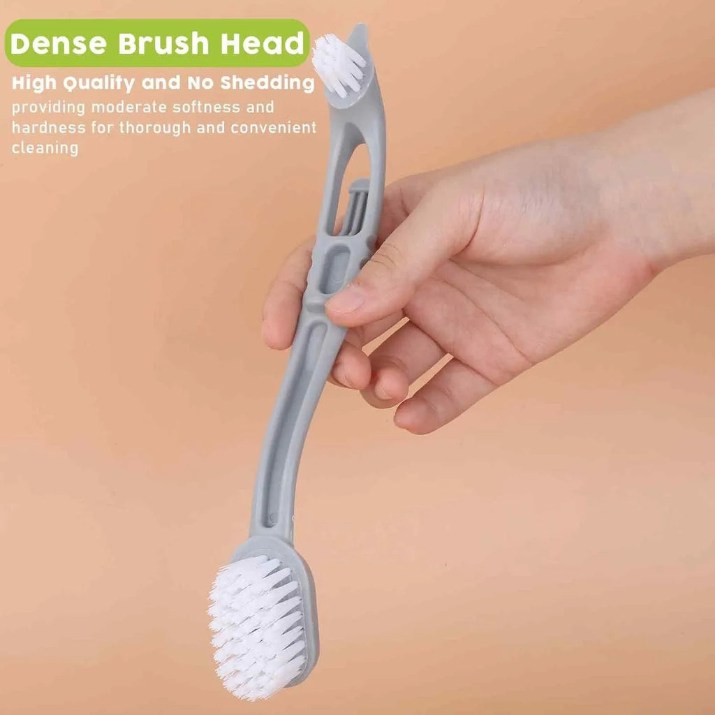 Bird cage cleaner with two plastic brush heads on a long handle in beige, blue, and green colours