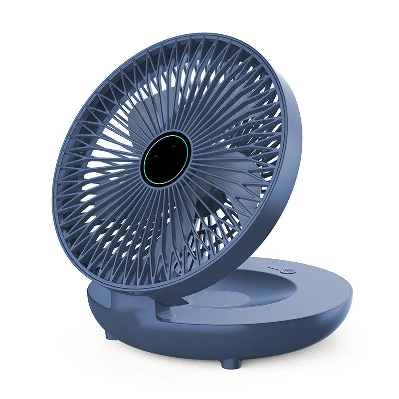 Folding wall mounted small fan in white with USB power cord and nail-free hook, ABS construction, brushless motor