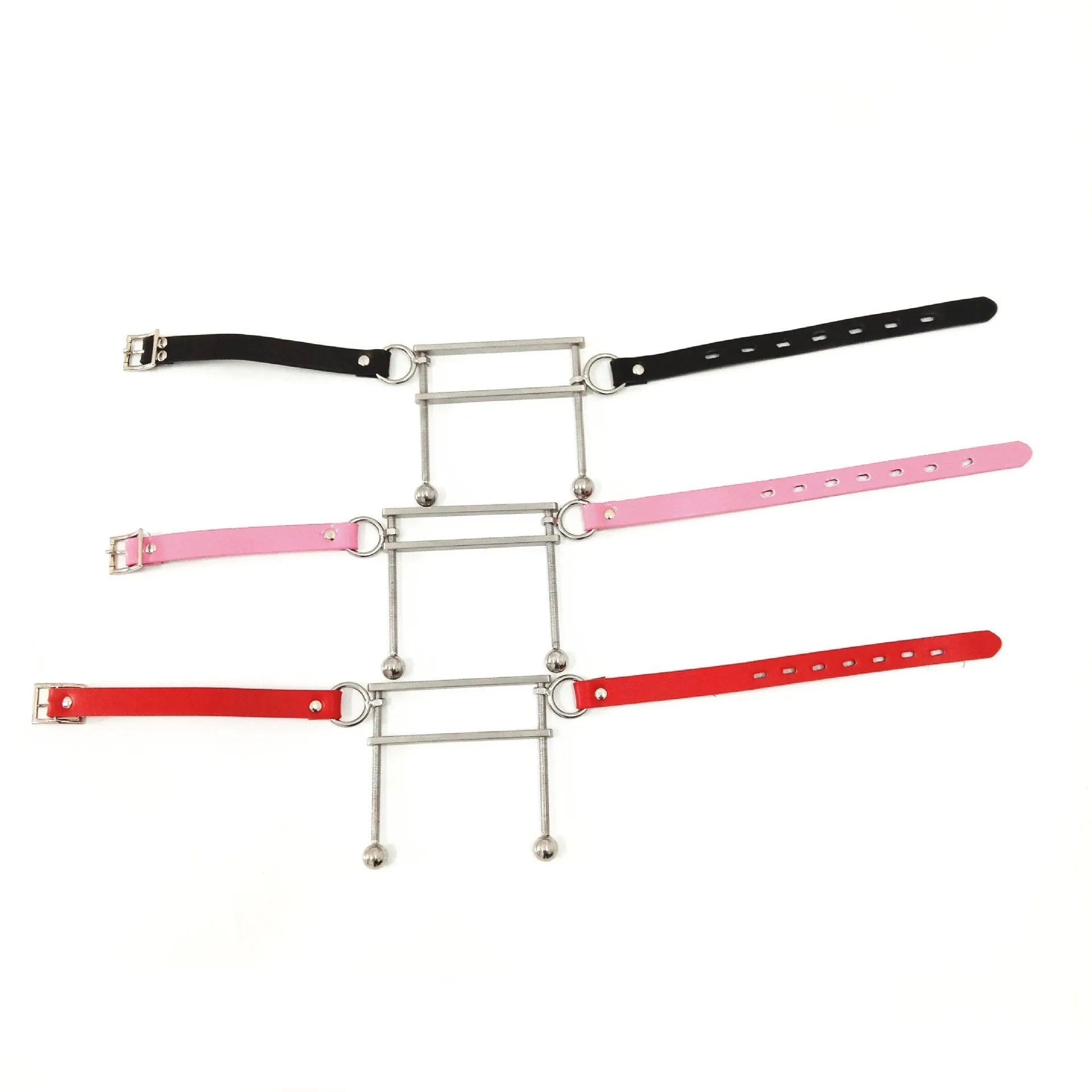 Stainless steel open mouth gag in black, pink, and red colour options for adult BDSM use