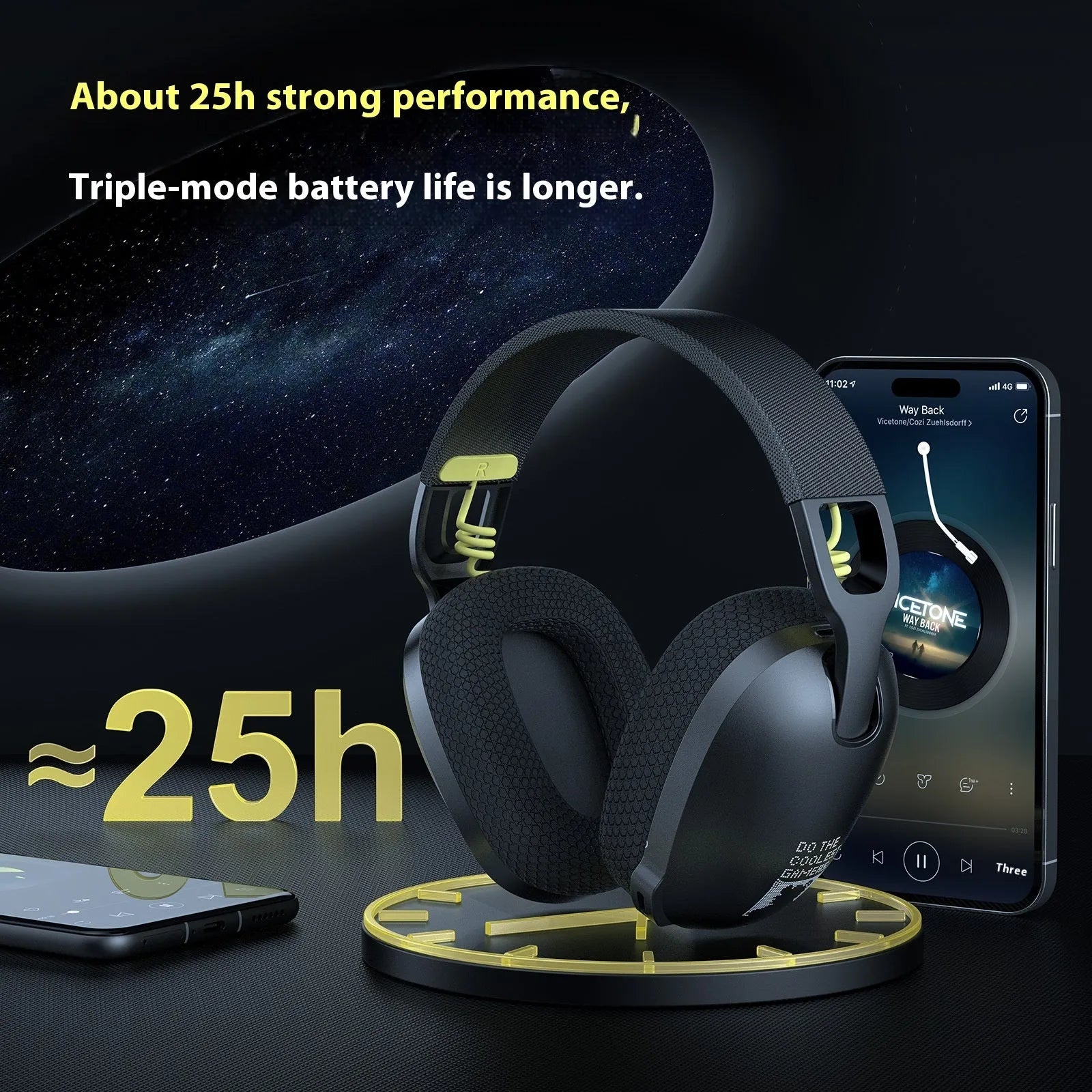 Wireless black and white gaming headset with over-ear design and noise reduction