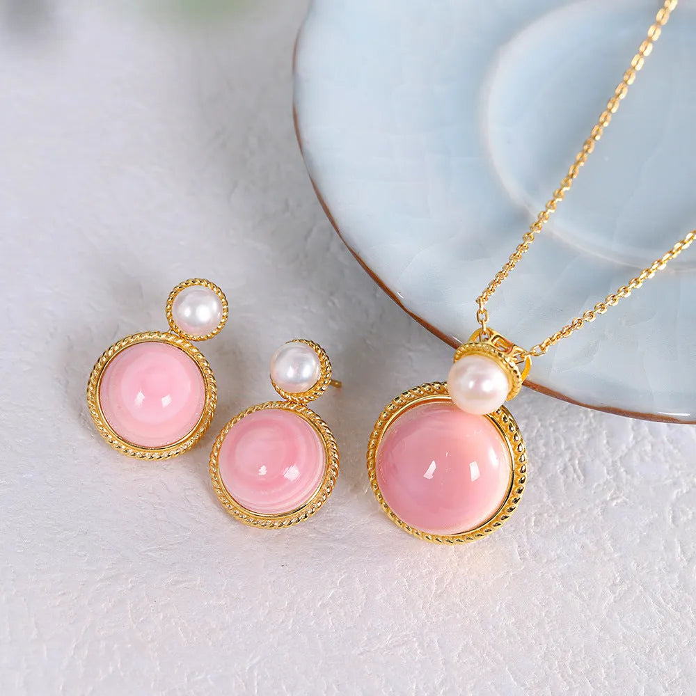 Geometric pink shell stud earrings for women with 925 silver base and gold plating
