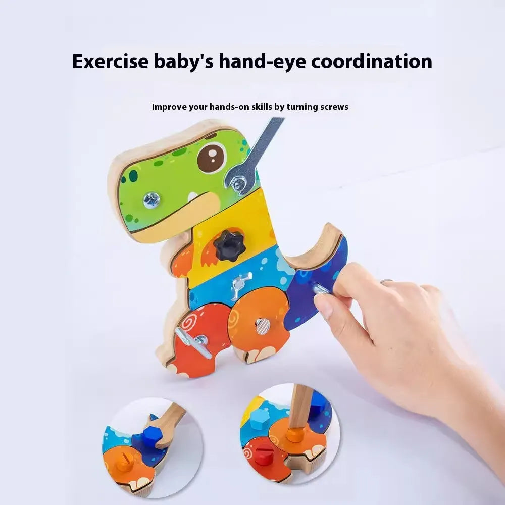 Dinosaur screw exercise early childhood education tool in wooden upgrade style with colour box packaging