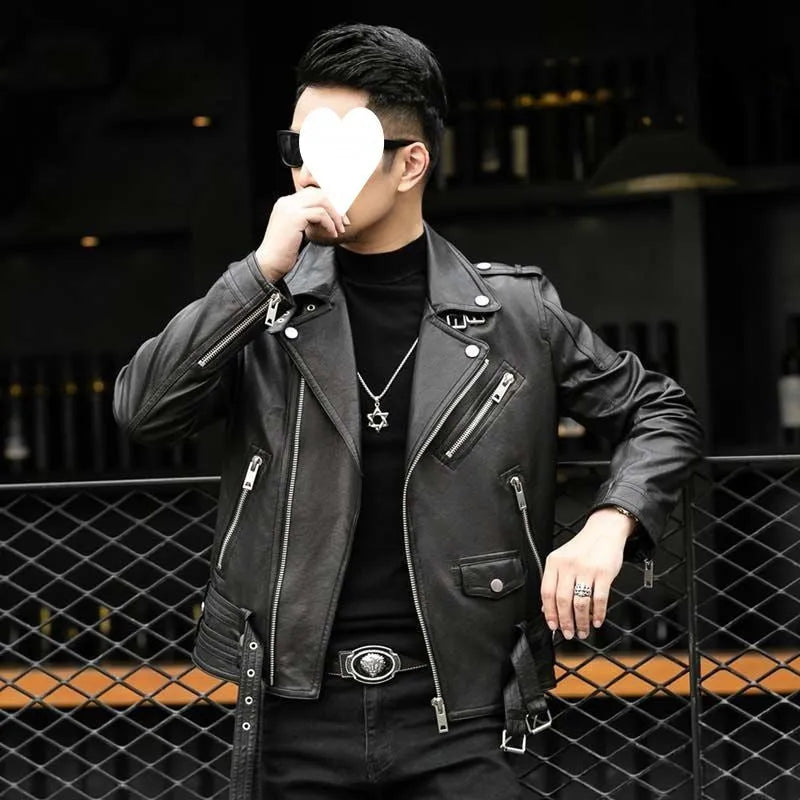 Men's black sheepskin leather jacket with lapel collar and front zipper, loose fit, shown on a model.