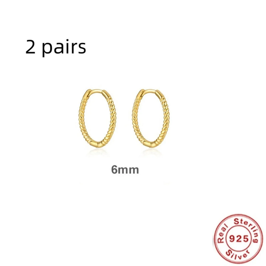 S925 sterling silver twisted string round ring earrings in gold or white gold, showing 6mm to 13mm size options.