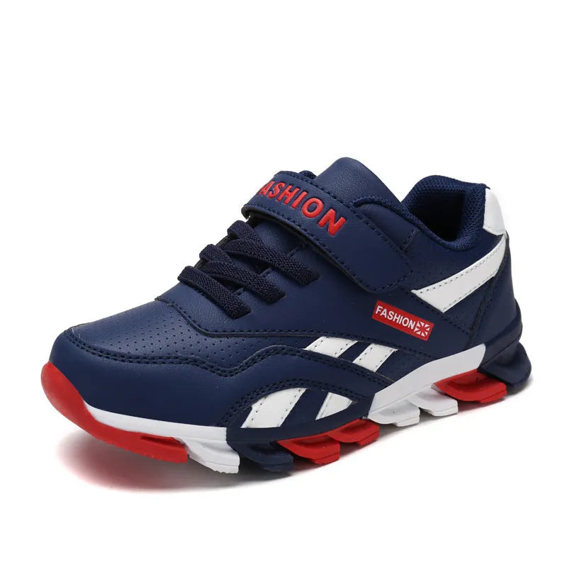 Children's cotton magic sports running shoes with Velcro fastening in grey leather surface