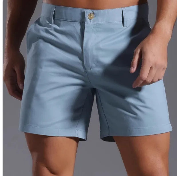 Men's solid colour cotton blend sports shorts with straight leg Korean style.
