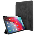 Leather tablet case with pen slot for iPad in black, clamshell design, imitation leather exterior
